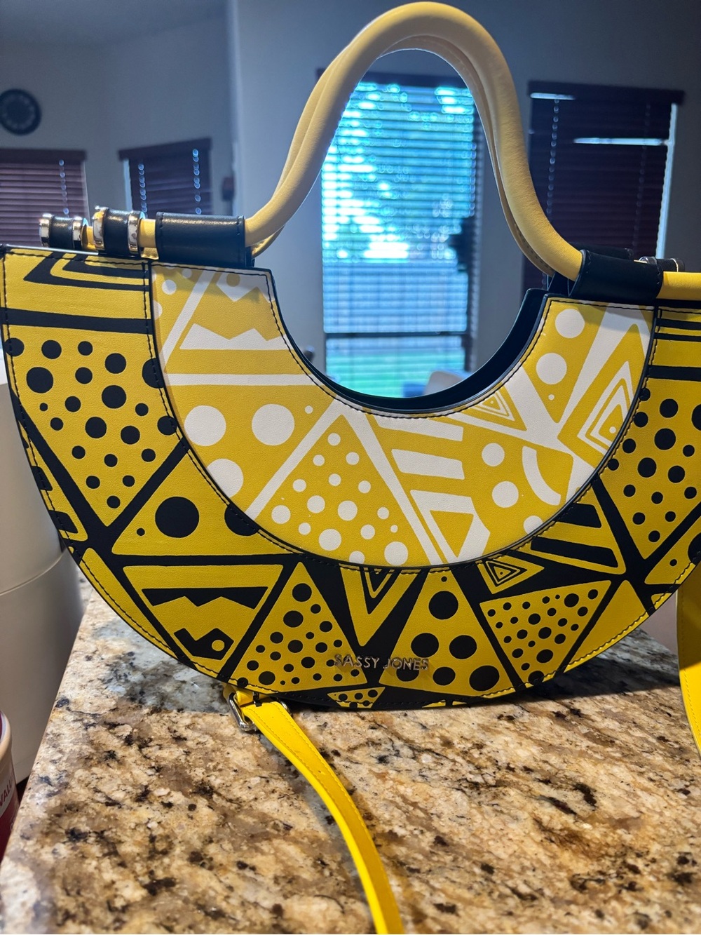 Sassy Jones Yellow & Black Geometric Crescent Handbag